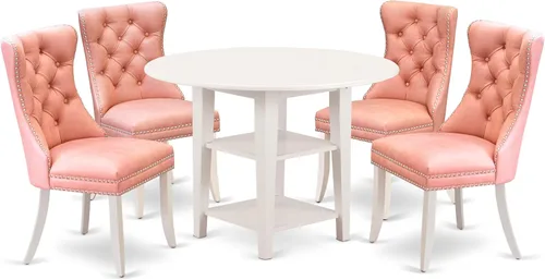 Vista 15 de East West Furniture SUDA5-LWH-12 - Juego de mesa de comedor de 5 piezas, incluye una mesa de cocina redonda con gotas y estantes y 4 sillas de tela
