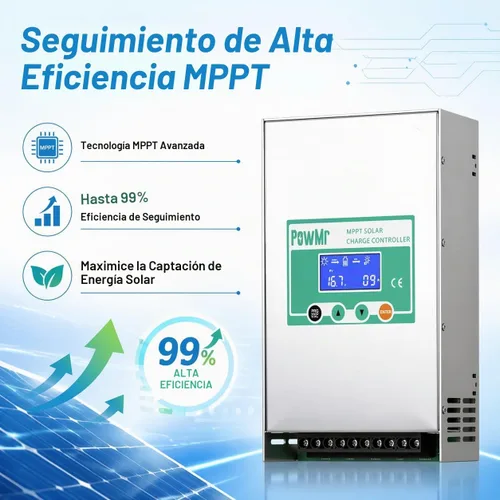 Vista 2 de PowMr Controlador de carga solar MPPT de 100 A, 12 V/24 V/36 V/48 V, entrada máxima de 150 VCC, controlador de carga solar con retroiluminación LCD