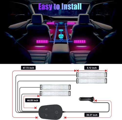 Vista 2 de YiLaie Luces interiores de automóvil, luces interiores inteligentes para automóvil con control de aplicación, kit de iluminación interna de neón