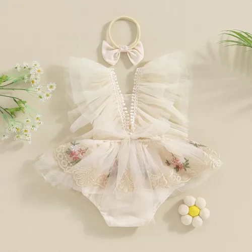 Vista 14 de Sasaerucure Traje de verano para bebé niña, sin mangas, mameluco de encaje tutú, mameluco de una pieza con volantes