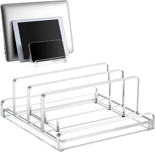 Vista 7 de Soporte vertical ajustable para computadora portátil, soporte acrílico de 3 ranuras para laptop, base invisible para computadora portátil, todos