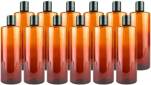 Vista 12 de Botellas de plástico ámbar (paquete de 12) – Botella de plástico ámbar de 1 onza con tapas de rosca; se utiliza como champú reutilizable, loción