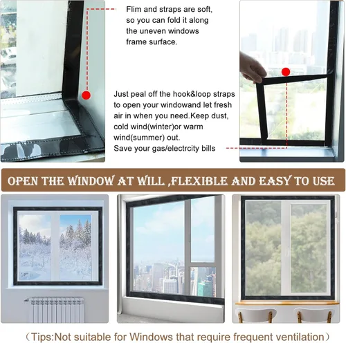 Vista 6 de Kit de aislamiento de ventana para invierno, sellador de cubierta de ventana con aislamiento de plástico ajustable, reutilizable, grueso