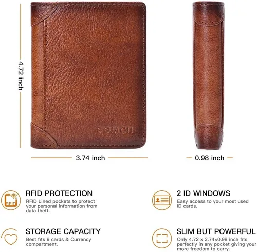 Vista 4 de GOIACII - Cartera de piel auténtica para hombre con bloqueo RFID con 2 ventanas de identificación 2 compartimentos para billetes tarjetas SIM