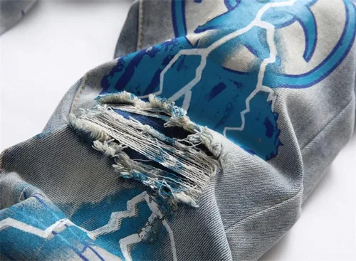 Vista 5 de Jeans de graffiti hip hop para hombre, rasgados, ajustados, desgastados, desgastados, ajustados, elásticos, con estampado casual