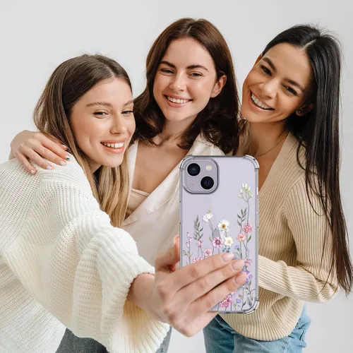 Vista 7 de Funda para iPhone 14, [3 en 1] con protector de pantalla y protector de lente de cámara, diseño de patrón de flores, transparente, suave, a prueba