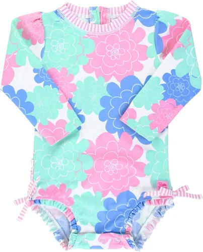 Vista 27 de RuffleButts - Traje de baño de una pieza con protección solar UPF 50+, camiseta de protección floral estampado, manga larga, con cierre zipper