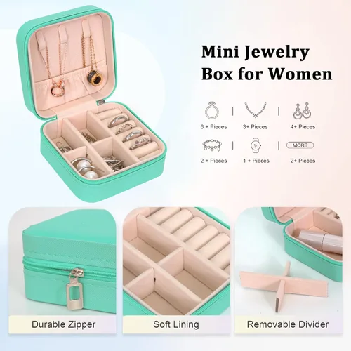 Vista 3 de Joyero pequeño de piel sintética, portátil, organizador de joyas para mujeres y niñas, organizador de joyas y almacenamiento para anillos, aretes