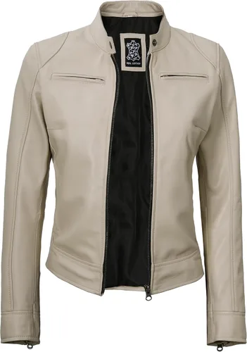 Vista 3 de Decrum Cafe Racer Chaqueta de piel de cordero real estilo motocicleta para Beige