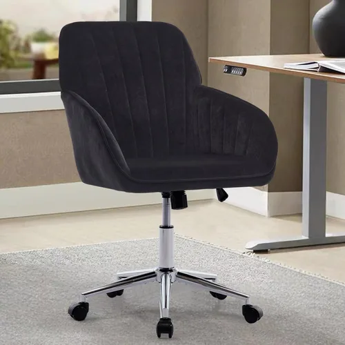 Vista 17 de Silla moderna de oficina en casa, cómoda silla de escritorio de terciopelo, silla de tocador de maquillaje con ruedas, silla giratoria ajustable