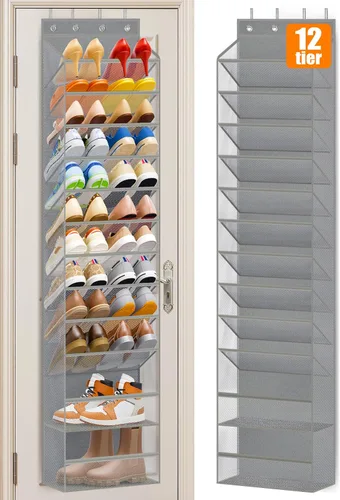 Vista 9 de MISSLO Organizador de zapatos de 12 niveles para colgar sobre la puerta, de malla transpirable, estante colgante para zapatos para almacenamiento
