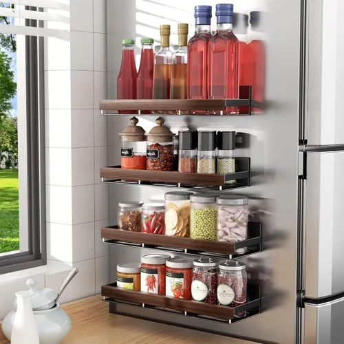 Vista 7 de Organizador magnético de especias de nogal para refrigerador, soporte de pared, estante de especias magnético para refrigerador, organizador