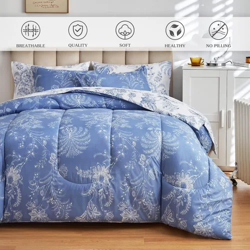 Vista 2 de Flysheep Juego de edredón reversible floral tamaño individual, juego de ropa de cama con estampado botánico blanco y azul, microfibra ultra suave