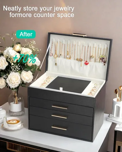 Vista 6 de BOOVO Joyeros para mujer, organizador de joyas de 5 capas con colgador de collar y cajones, caja de joyería grande para aretes, collares y pulseras