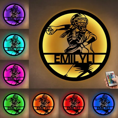 Vista 15 de Letrero de metal personalizado para jugador de sóftbol con luz LED, nombre y número personalizado, arte de pared de sóftbol, letrero de neón