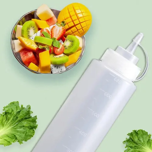 Vista 6 de Paquete de 3 botellas de condimento de plástico de 24 onzas con tapas de tapa, perfectas para condimentos, aceite, salsas, glaseado y líquidos
