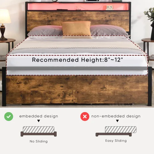 Vista 6 de Base de cama de tamaño matrimonial con cajones de almacenamiento y 3 puertos USB, base de cama LED matrimonial con cabecero, plataforma de metal sin