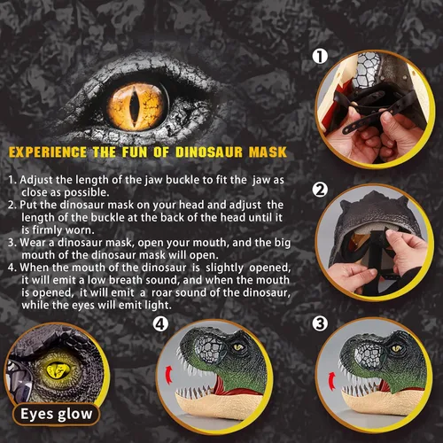 Vista 3 de LUCKY GUESS Máscara de dinosaurio para niños o adultos, máscara de dinosaurio tiranosaurio Rex con movimiento, sonidos y ojos iluminados, fiesta