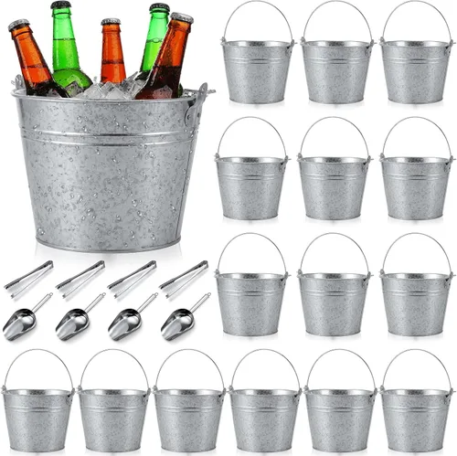 Vista 13 de Zopeal Juego de 24 cubos de cerveza galvanizados, 16 cubos de metal con 4 cucharadas y 4 pinzas, cubo de hielo rústico de 7 pulgadas para fiestas