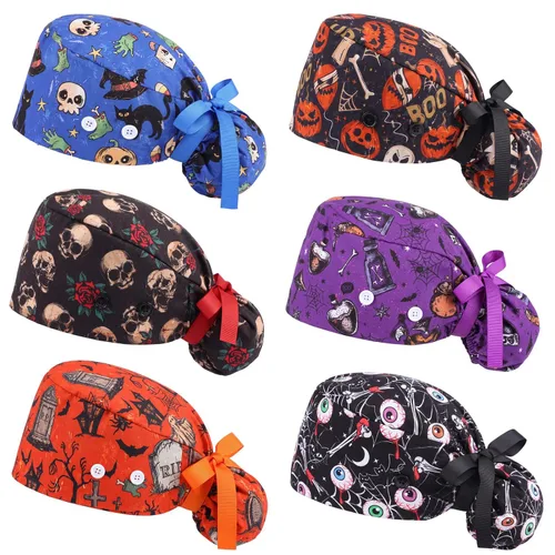 Vista 15 de 6 gorras de uniforme médico con lazo para mujer, sombreros de enfermería con botones ajustables para atar en la espalda, gorra de trabajo