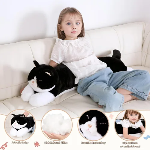 Vista 3 de Juguete de peluche grande de 32 pulgadas, almohada grande de peluche de gato largo y grande, regalo de peluche de gatito blanco y negro para niños