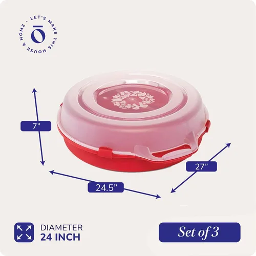 Vista 4 de HOMZ Paquete de 3 organizadores decorativos de almacenamiento de coronas de temporada, 24 pulgadas, rojo y transparente, soporte redondo de plástico