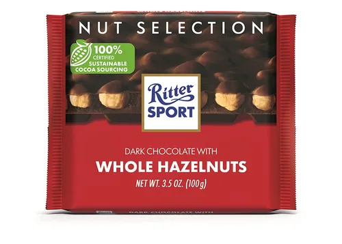 Vista 3 de Ritter Sport Nut Class Dark con barra de caramelo de avellanas enteras de chocolate de 3.5 onzas cada paquete de 10 barras de tamaño completo). El