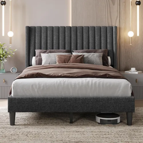 Vista 12 de Yaheetech Base de cama individual tapizada con cabecera de tela, diseño de borde de ala, antideslizante y sin ruido, soporte de listones de madera
