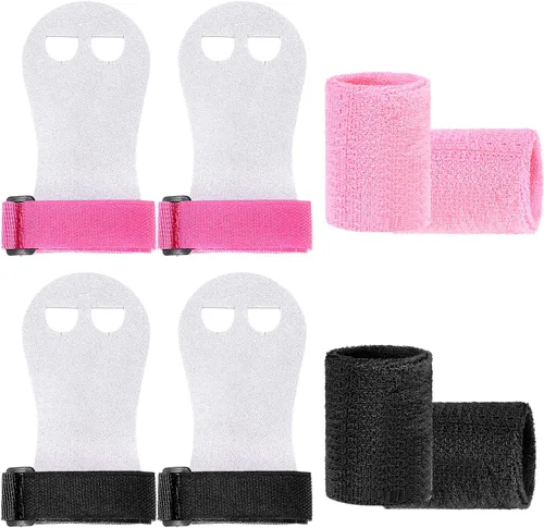 Vista 8 de Juego de 2 pares de guantes de gimnasia para bares y niñas, juegos de muñequeras de gimnasia rosa y negro con muñequeras para barra de gimnasia