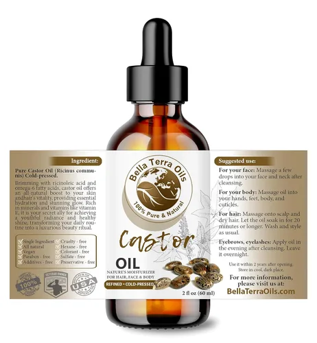 Vista 2 de Bella Terra Oils - Botella de vidrio de aceite de ricino orgánico de 2 onzas - Deléitate con la nutrición orgánica pura de ricino, famosa por su
