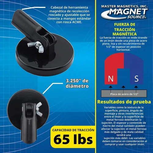 Vista 9 de Accesorio magnético para herramientas de recogida, 3.20 pulgadas de diámetro, 0.440 pulgadas de grosor con accesorio roscado Acme para mango