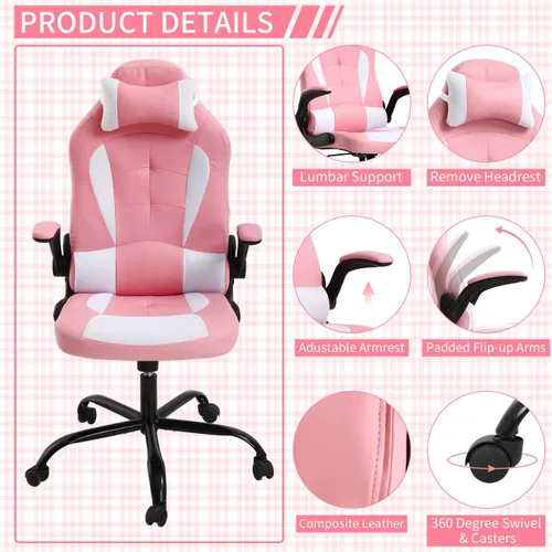 Vista 3 de Silla de oficina en casa, linda silla de juegos Kawaii rosa para niña, ergonómica, escritorio de carreras, oficina, ajustable, con respaldo alto
