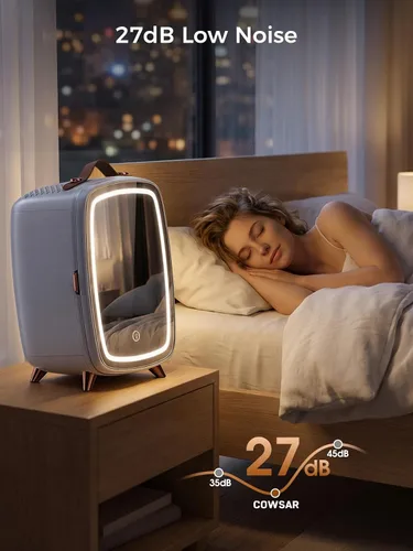 Vista 12 de COWSAR Mini refrigerador para dormitorio con espejo de luz LED regulable, refrigerador para el cuidado de la piel de 6 litros/8 latas con mango