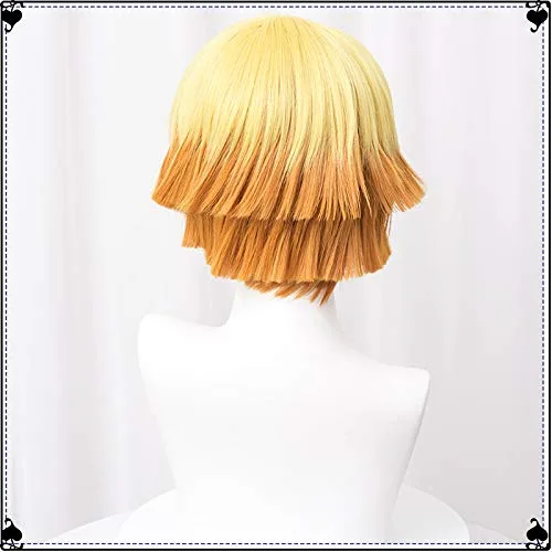 Vista 4 de Peluca SL para Agatsuma Zenitsu Cosplay para Demon Slayer corta naranja Ombre Cosplay Pelucas para niños y adultos con gorra