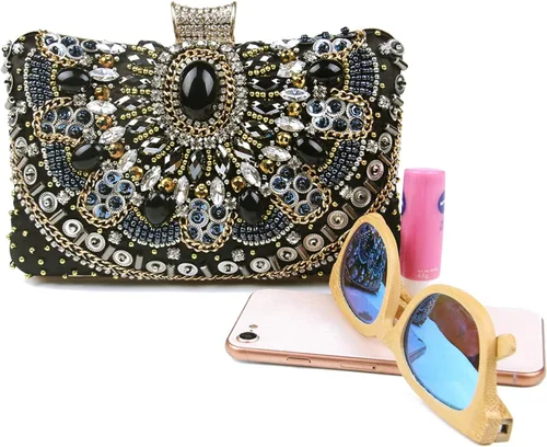 Vista 6 de Lanpet Bolso de noche con diamantes de imitación de cristal para mujer, bolso de hombro con correa de cadena, Negro 2