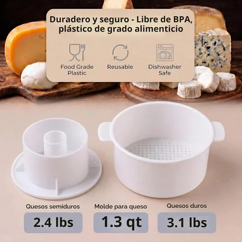 Vista 3 de SHSH trade group Kit de suministro de queso 1.2 L con placa de prensado - Kit de moldes y prensas para queso duro Gouda para hacer quesos - Molde