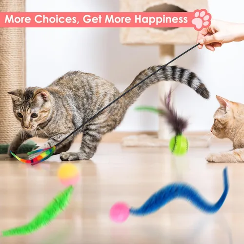 Vista 3 de SHENGSEN Juguete de varita de plumas para gatos, pelota inflable con cola para gatos, gusano mágico con juguete de bola grande y colorida