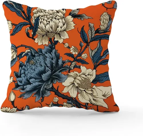 Vista 2 de Funda de cojín con diseño de flores de caqui chinoiserie, color naranja, azul marino, peonía, funda de almohada cuadrada rústica para sofá