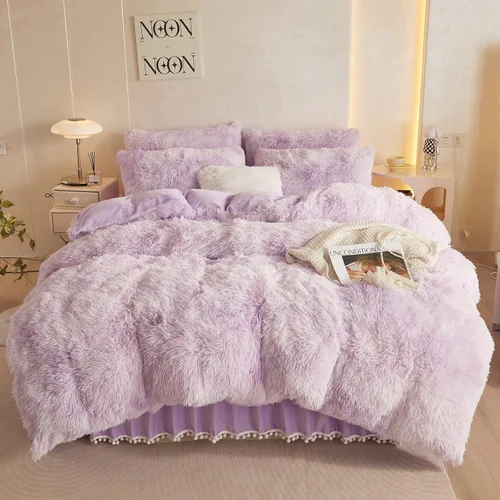 Vista 27 de Juego de funda de edredón beige peludo tamaño individual, juego de ropa de cama individual de piel sintética beige de 2 piezas