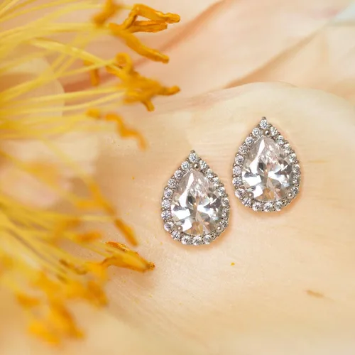Vista 7 de Regalo de joyería de dama de honor de boda, poste de lágrima de pera o aretes de clip en oro, oro rosa, plata, Oro rosa Plata, Circonia cúbica