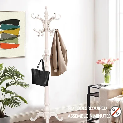 Vista 6 de Percheros de Madera, Árbol de Abrigos Retro de 78" con 12 Ganchos y Base Triangular Estable, Perchero de Entrada Independiente para Sombreros, Ropa