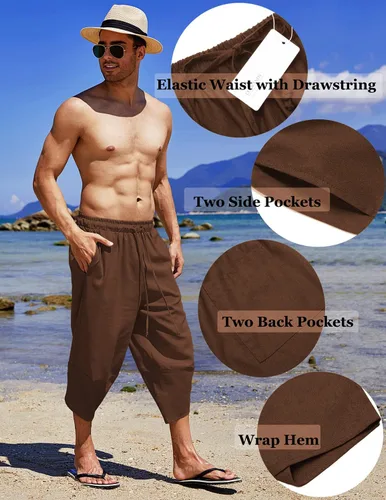 Vista 5 de COOFANDY Pantalones capri harén de lino para hombre, ligeros, sueltos, 34, con cordón elástico, cintura elástica, pantalones casuales para yoga