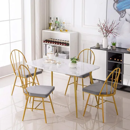 Vista 4 de Mesa de comedor rectangular de oro blanco, moderna y elegante, con patas de metal dorado para 4 a 6 personas, mesa de trabajo simple para oficina