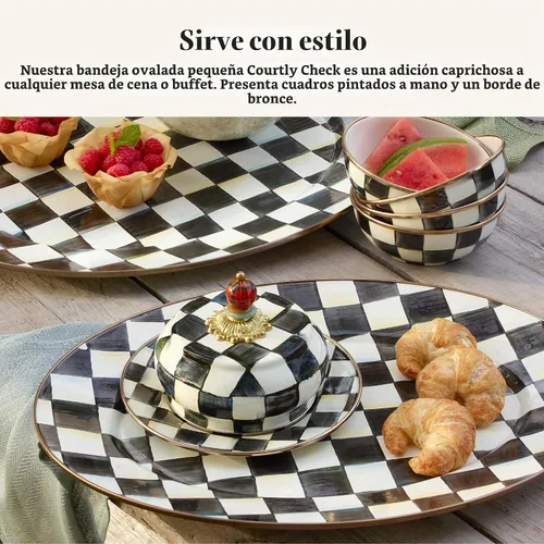 Vista 2 de MACKENZIE-CHILDS Bandeja Ovalada de Esmalte, Plato de Servir para Entretenimiento, Pequeño, Cuadros Cortesanos en Blanco y Negro color fantasía