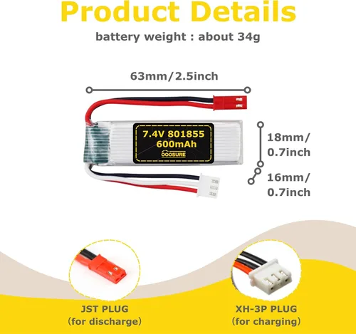 Vista 4 de Batería de 7.4V 600mAh 801855 compatible con WLtoys Toys XK A280 A160 A300 RC Airplane, P51 Mustang 4 canales 6G/3D sin escobillas 2.4G avión