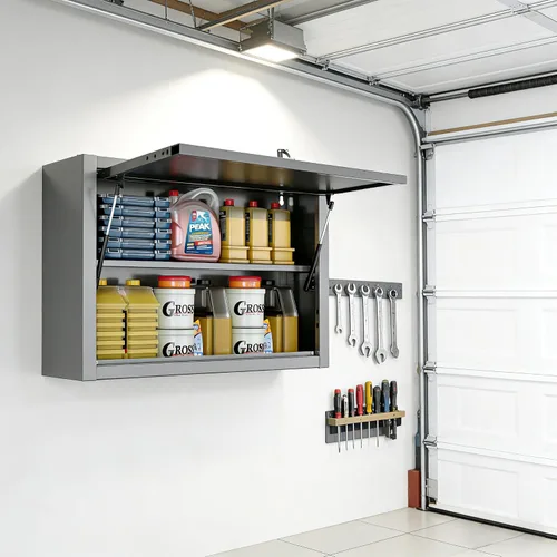 Vista 2 de JZD Armario de pared de metal con estante extraíble, armario colgante con cerradura con puerta que se abre hacia arriba, para cocina, almacén