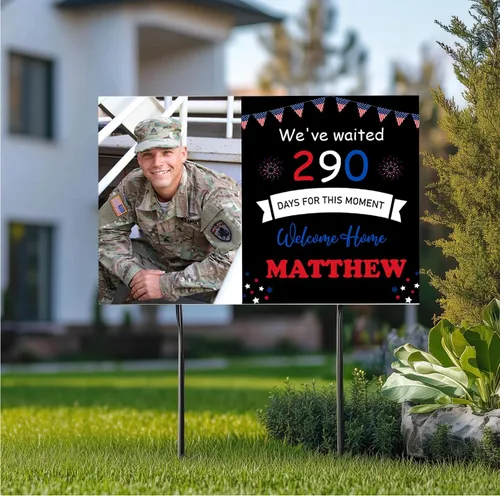 Vista 2 de Letrero militar personalizado de bienvenida a casa para patio con foto, cartel personalizado con nombre e imagen al aire libre para soldado, marino