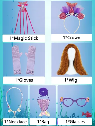 Vista 2 de Disfraz de sirena para niñas, disfraz de princesa para cumpleaños, cosplay, disfraces de Halloween con accesorios para peluca