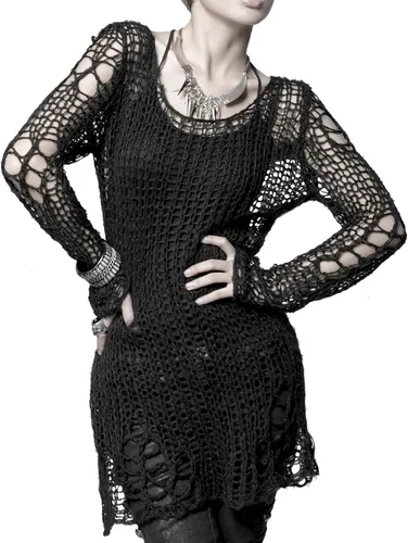 Vista 2 de Punk Rave Women's Goth Open Knit Pullover Sweater Long Sleeve Color Block Sweaters Loose Crochet Jumper Tops