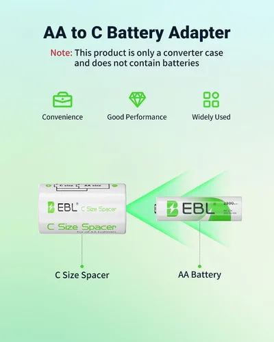 Vista 2 de EBL Adaptadores de batería de tamaño C, tamaño AA a C, espaciador de batería con celdas AA recargables, paquete de 4